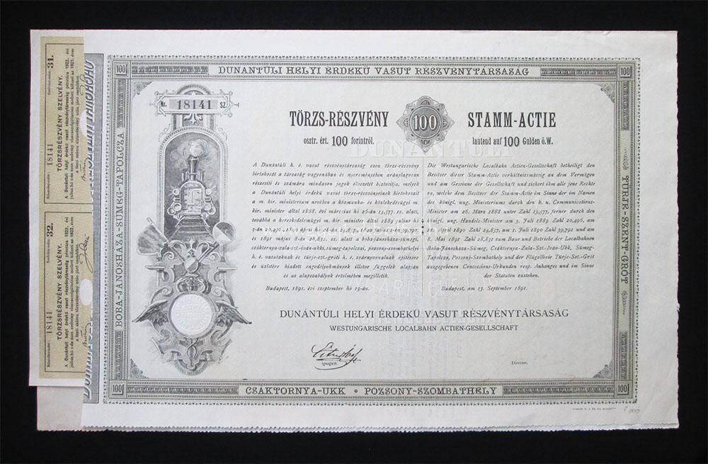 Dunántúli HÉV törzsrészvény 100 forint 1891 (SVK-CRO)